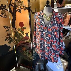 Free people Women's Floral Button-Front Blouse - Navy with Red Floral